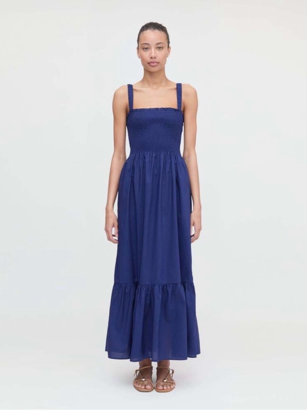 Hill House |Anjuli Nap Dress,Smocked-Strap Maxi Dress in Navy Cotton, Size L-EUC